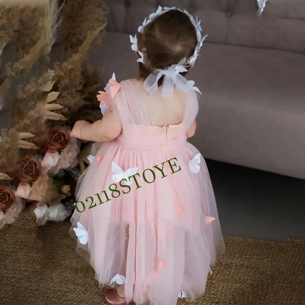 Niedliche Blumen mädchen Kleid asymmetrische Länge Schmetterlinge Tüll Baby Geburtstags kleid Festzug Kleid Hochzeit Anpassung Kommunion