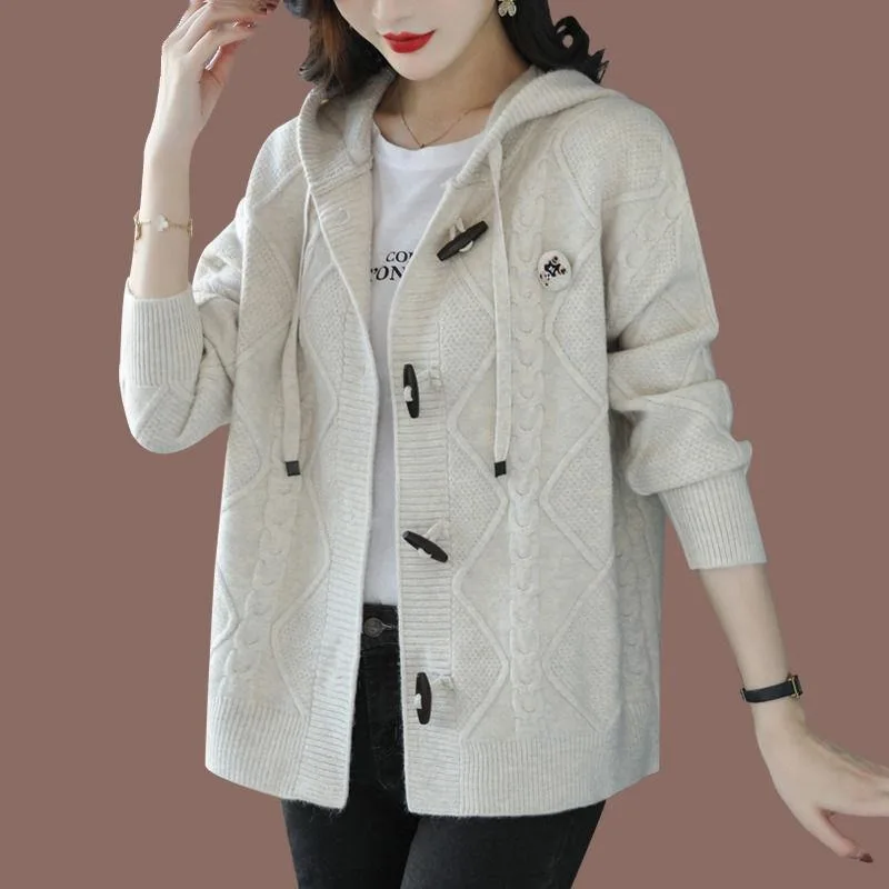 

Осенне-зимний однотонный элегантный кардиган с капюшоном и пуговицами, теплый свитер, пальто, элегантный свитер