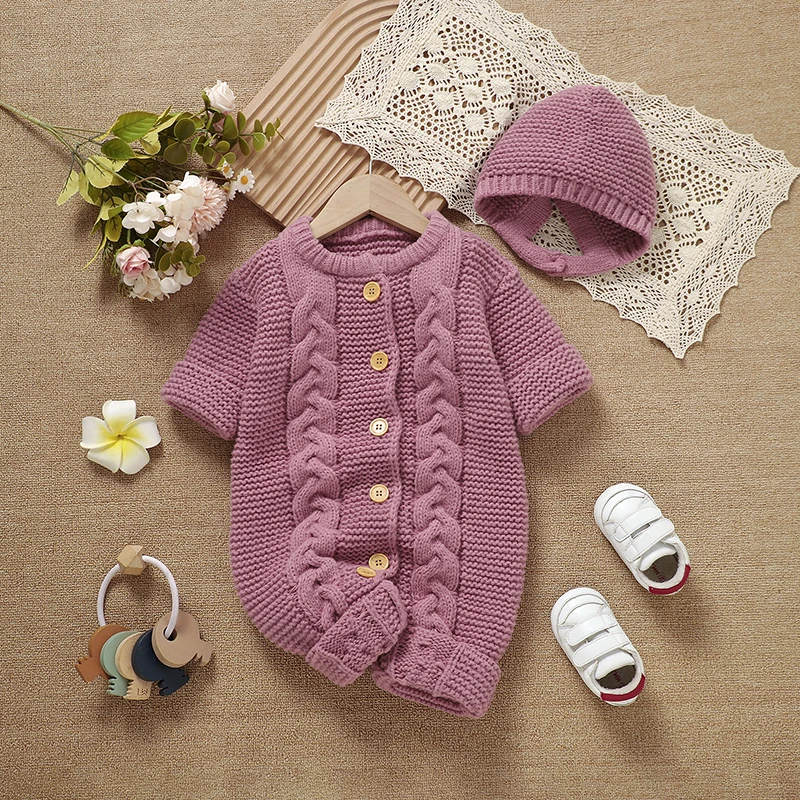 

Winter Baby Rompers Knit Pink Long Sleeves Newborn Infant Girls Jumpsuits Hats Outfits Sets 0-18m Toddler Kids Playsuits Clothes