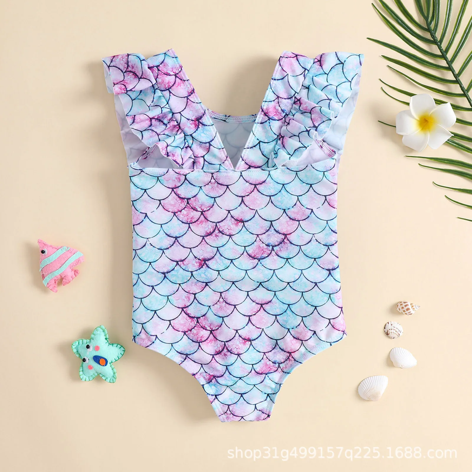 Toddler one piece swimsuit with ruffle and pink blue gradient mermaid scale pattern for beach and pool water play