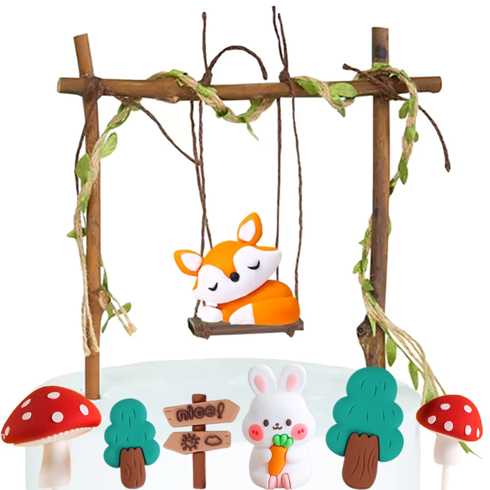 Woodland Cake Decoration Holiday For Animals Bamboo Basket Fox Hedgehog Cupcake Topper Rabbit Figure Doll Kids Birthday Favors