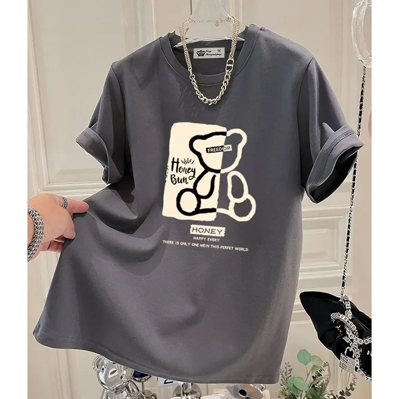 

2025 Summer New Chic Loose Little Bear Printed Top Tee Women Pure Cotton Short Sleeve Casual O-neck T-shirt