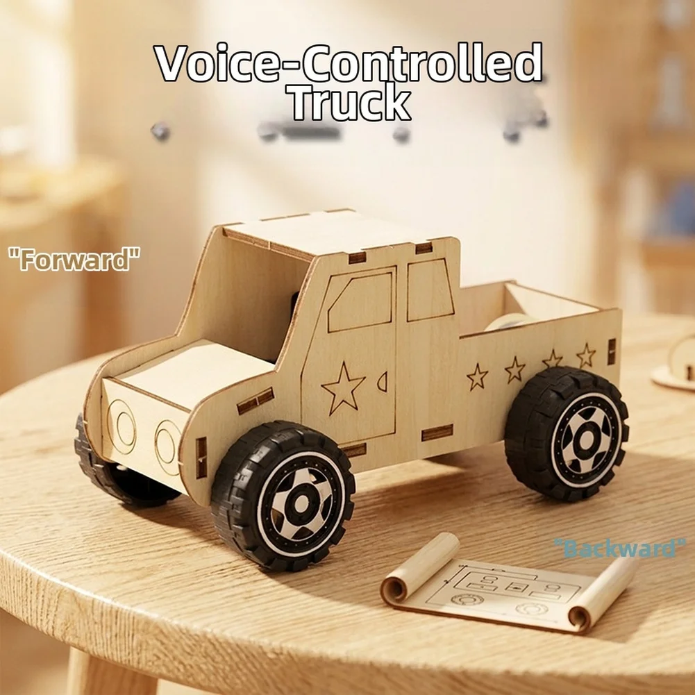 1PC Wood Voice-Controlled Car Science Experiment Kit 14x8x7cm DIY Car For  Enhances Problem-solving Skills And Creativity
