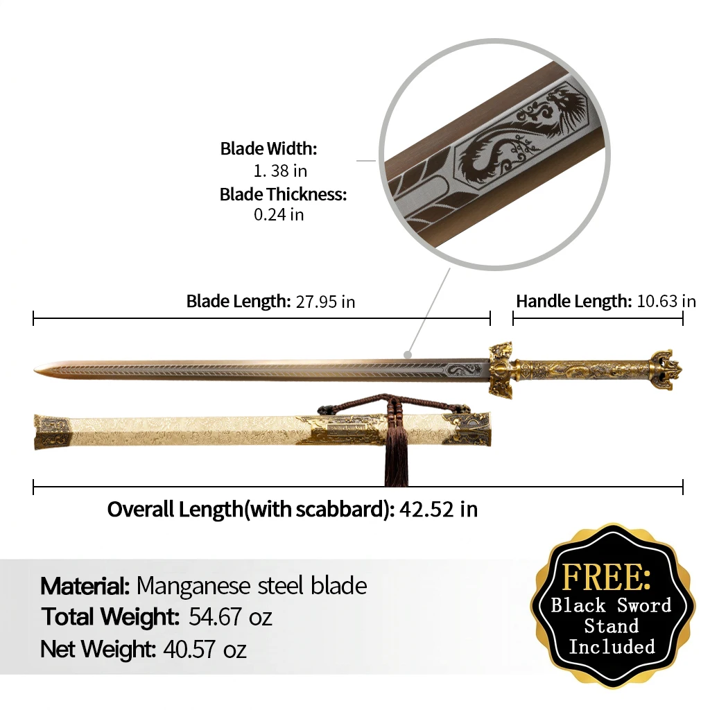 Tianzi Sword Manganese Steel Blade Zinc Alloy Dragon Fittings & Leather-Wrapped Hardwood Scabbard Decorative Collectible Sword
