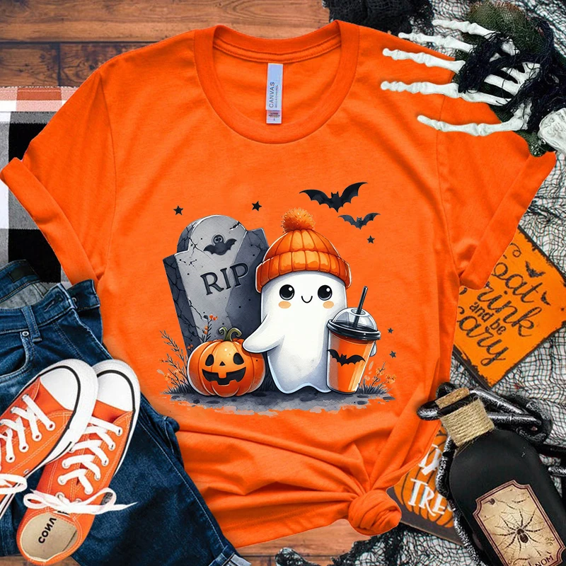 

Hot Sales Halloween Boo Pumpkin Coffee T Shirts Women Men Summer Cool Short Sleeves Personality Harajuku T-Shirt