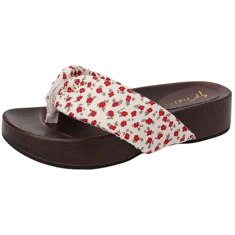 

Flip Flops Summer Floral Print Slippers Women Bohemian Satin Strap Platform Wedge Outdoor Thick Bottom Beach Shoes Thick Heel