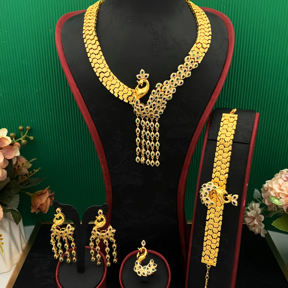 

JRH женский комплект ювелирных изделий в этническом стиле для вечеринки, позолоченная медь с кисточкой в виде павлина, дизайн браслета, кольцо, ожерелье, серьги