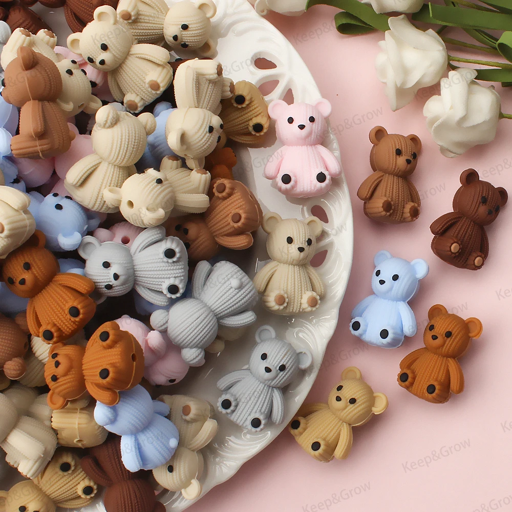 5/20/50Pcs Cute Bear 3D Silicone Beads Stripes Knitted Pattern Bear Shape Focal Beads for Jewelry Making DIY Keychian Bracelets