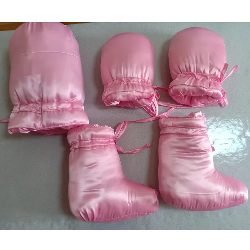 Pink Satin Filled Cotton Adult Gloves Foot Covers Headgear ABDL Fluffy Silky Socks Lace Up Wrap Mittens DDLG Soft Booties Set