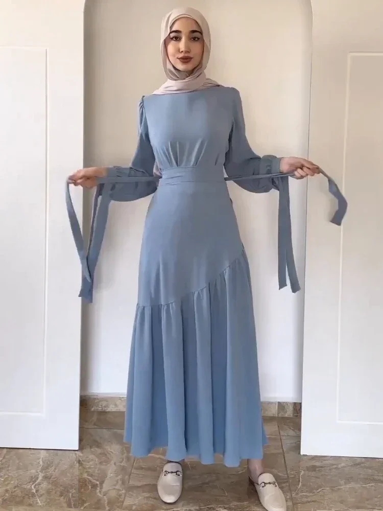 Women Two-piece Pleated Dress Temperament Elegant Muslim Long-sleeved Round Neck Tie Splicing Hem Slim High Waisted Female Suits