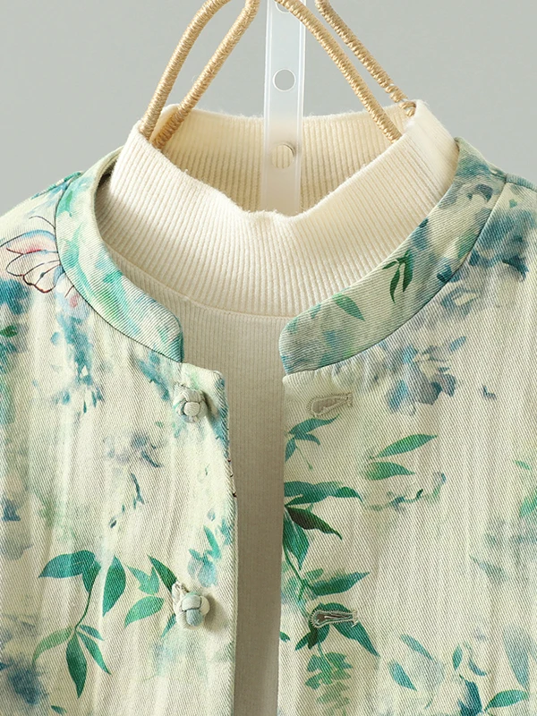 เสื้อคลุมผ้าลินินพิมพ์ลายเรโทร คอตั้งติดกระดุม แขนยาว ไซส์ใหญ่ สำหรับผู้หญิง แฟชั่นฤดูใบไม้ร่วง