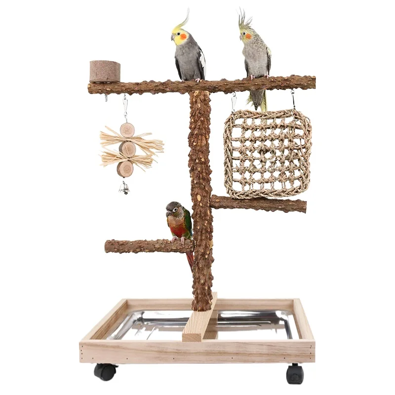 

Wholesalers Interactive Natural Wood Bird Parrot Perch Stand Branches Fork Toys Playground Wood Game with Ladder and Swing