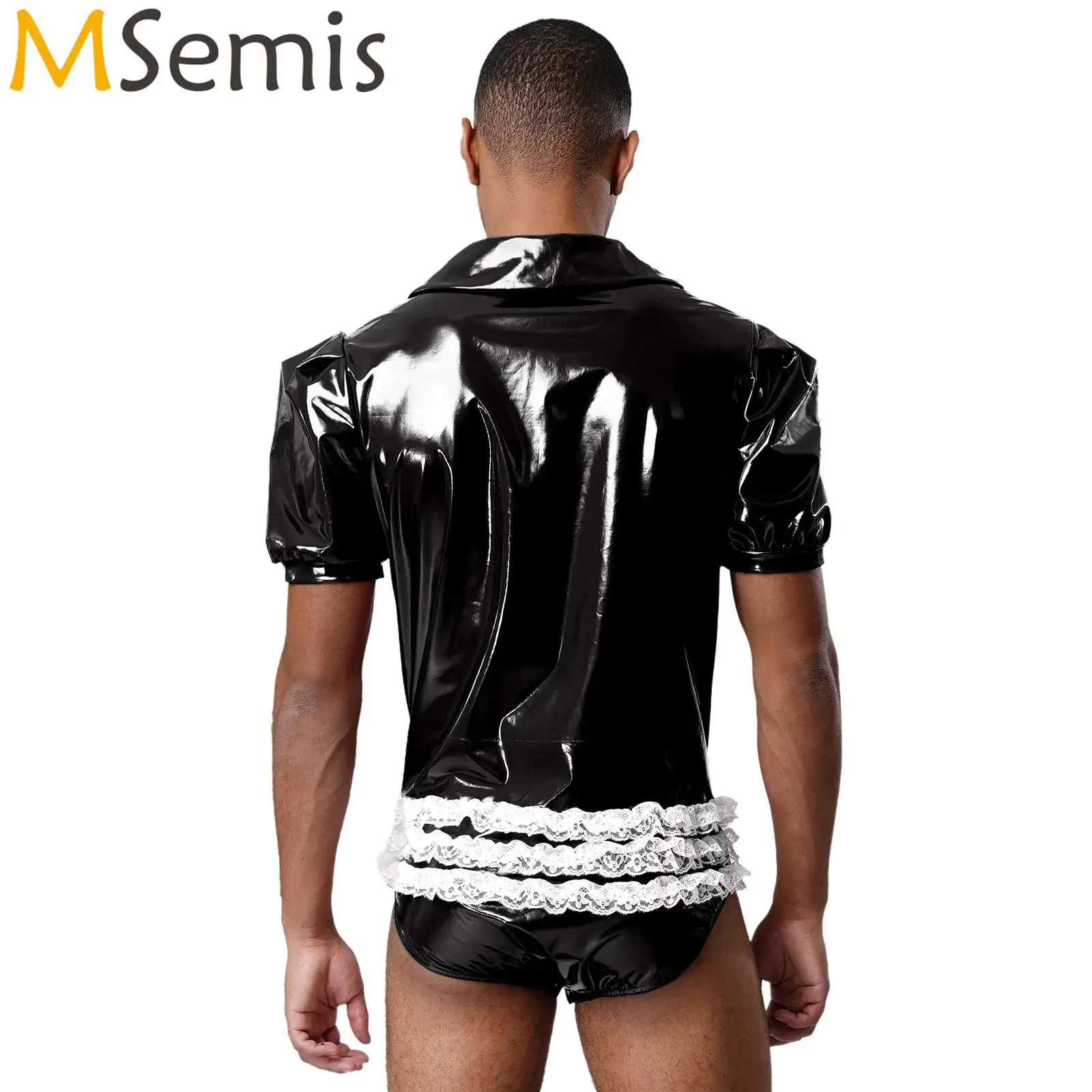 

Мужской блестящий кожаный облегающий короткий комбинезон для ночного клуба, косплей, комбинезон на молнии, кружевной комбинезон с рюшами, ночной клуб, рейв-вечеринка, Клубная одежда