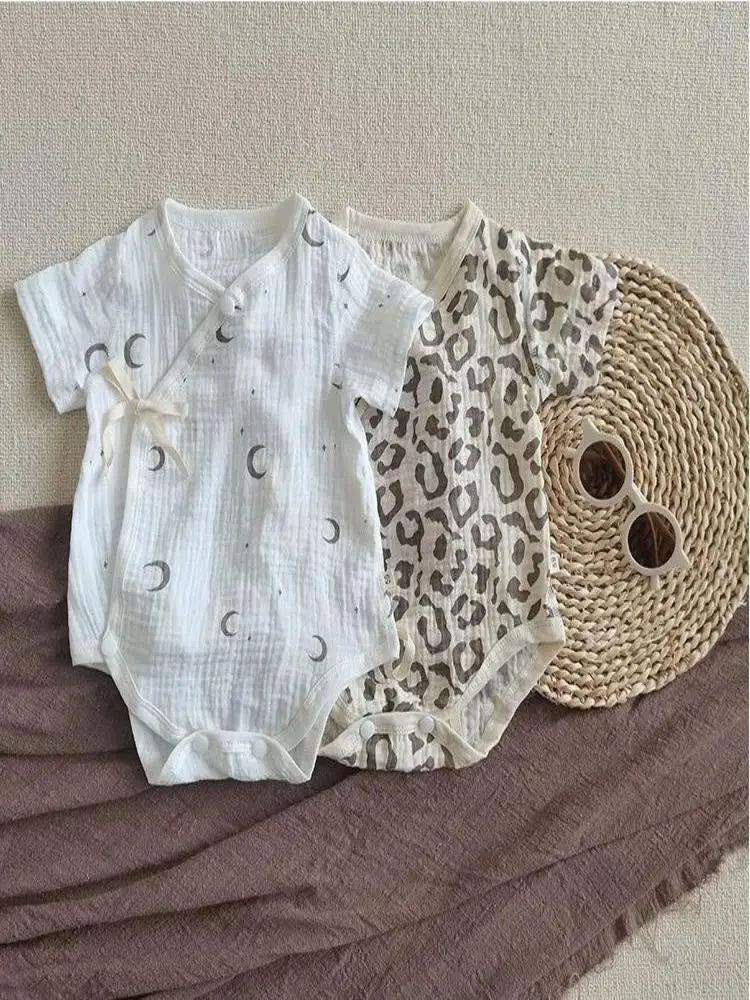 Macacão de Bebê Unissex de Algodão com Gaze para Verão, Estilo Fresco, Manga Curta, Roupa Infantil para Engatinhar