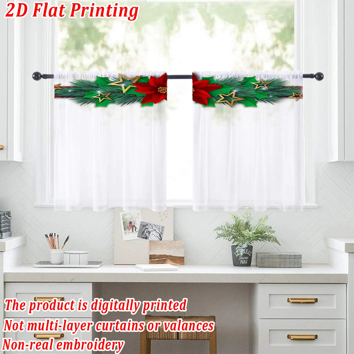 ستارة شفافة للمطبخ بطباعة مسطحة لعيد الميلاد مع برج البونسيتة لعيد الميلاد لحفلات ديكور المنزل في عيد الميلاد