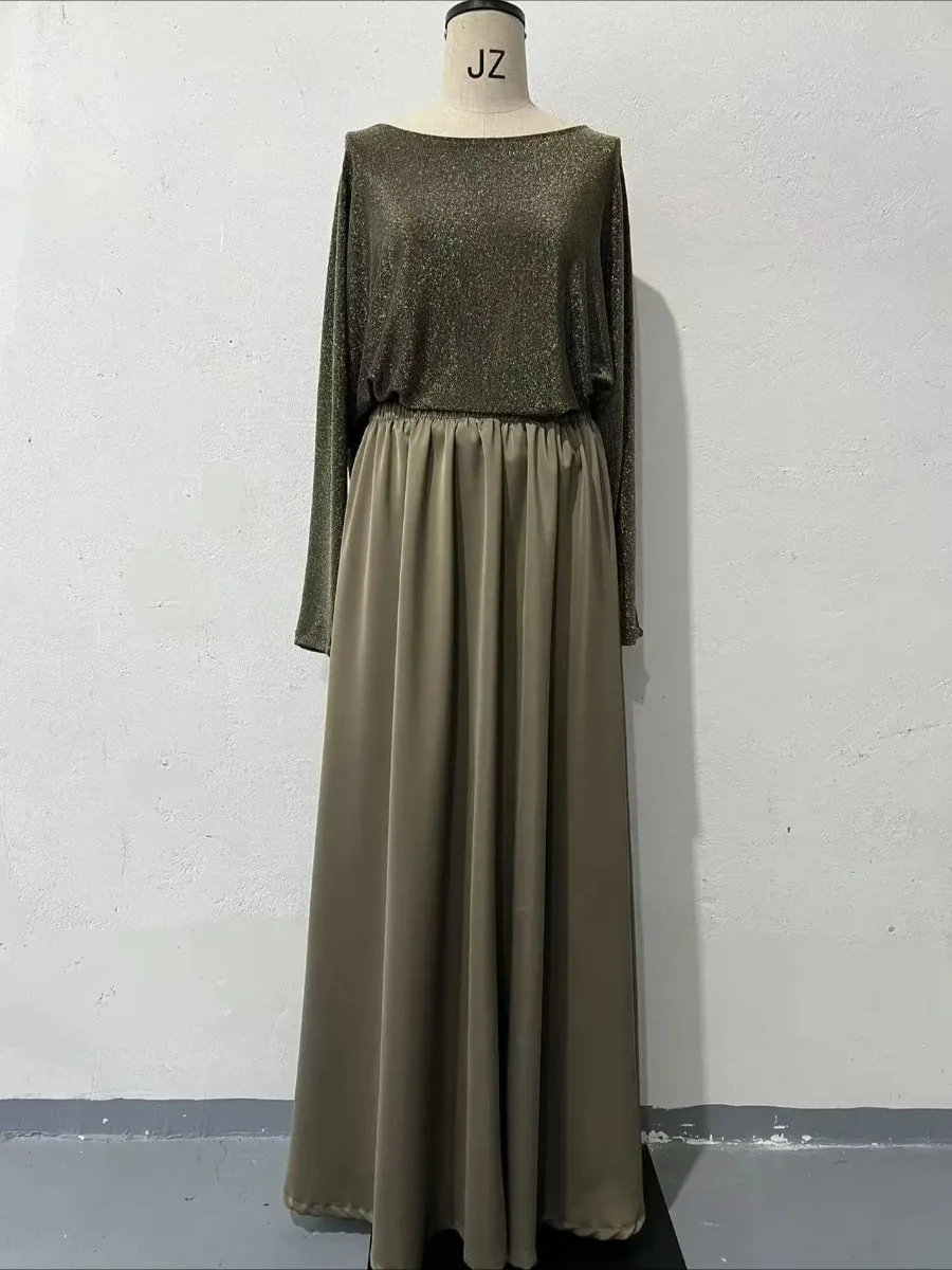 

Women Two Piece Skirt Sets Sequins Muslim Suits Shirt TopsFull Sleeve Solid A Line Long Skirts Elegant Elastic Waist Summer 2025