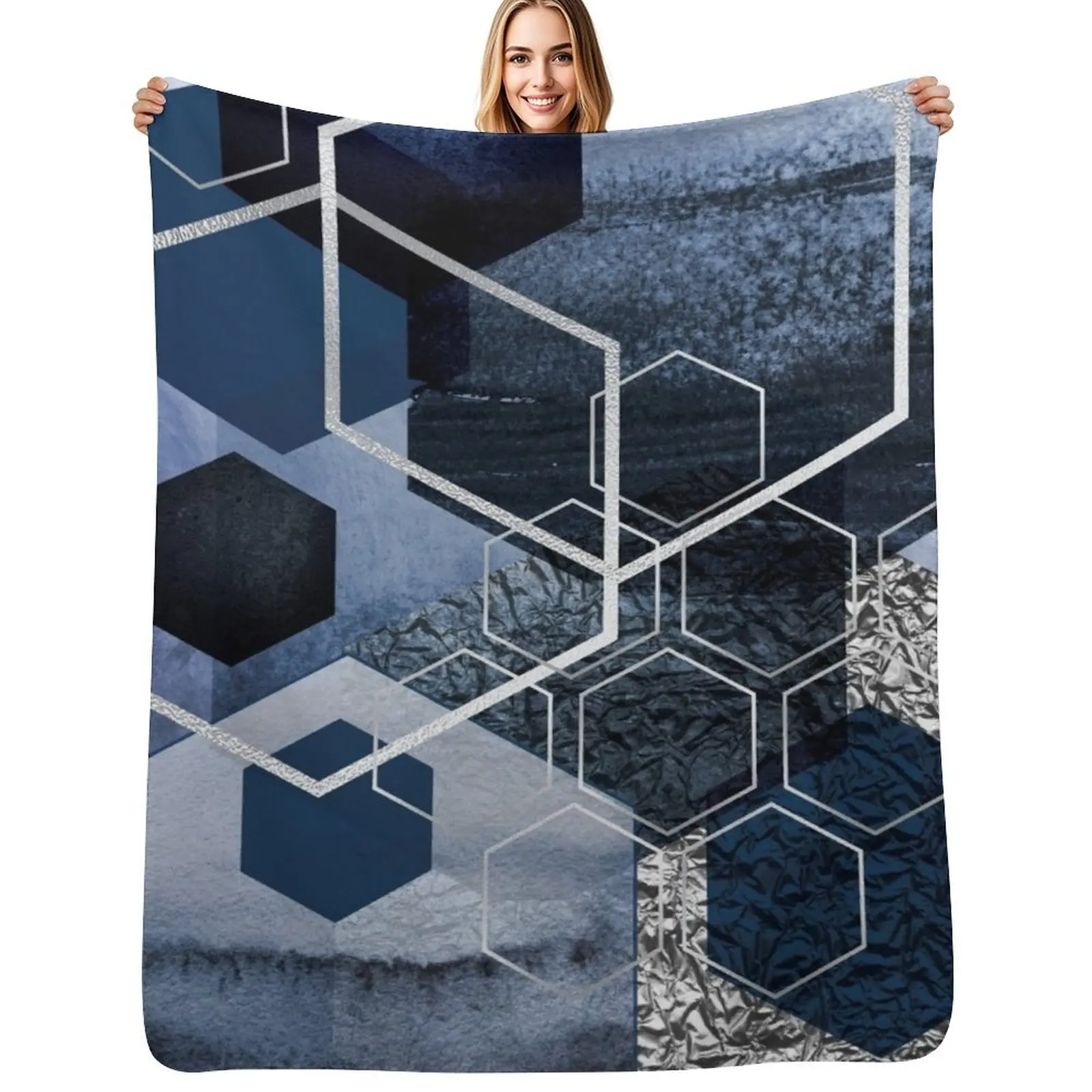 

Abstract Geo in Blue Throw Blanket Luxurious Soft Fuzzy Blanket for Sofa Bed