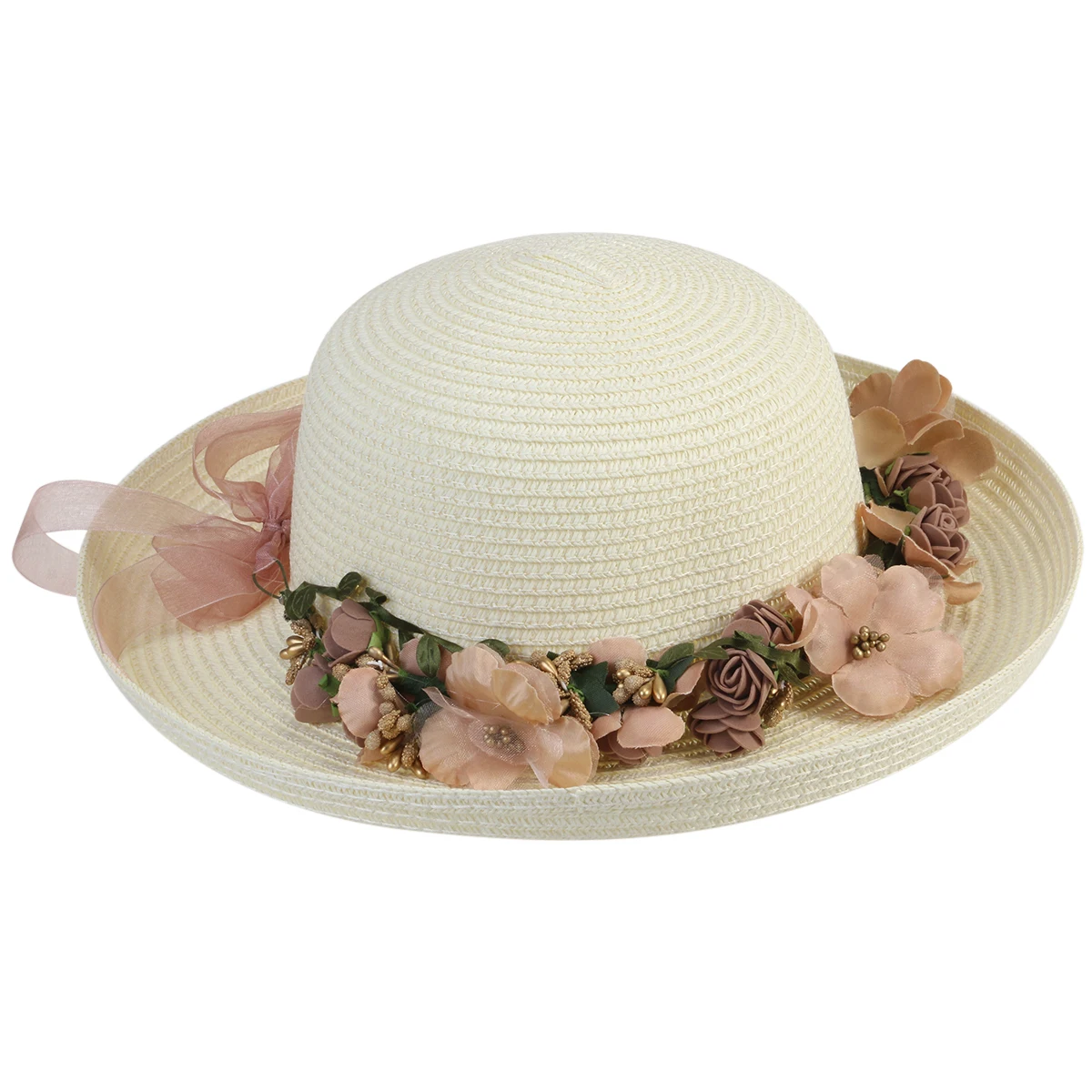 

Women Wide Brim Beach Straw Floppy Hat Lightweight Soft Durable Crochet Design Bright Garland Trim Milk White For
