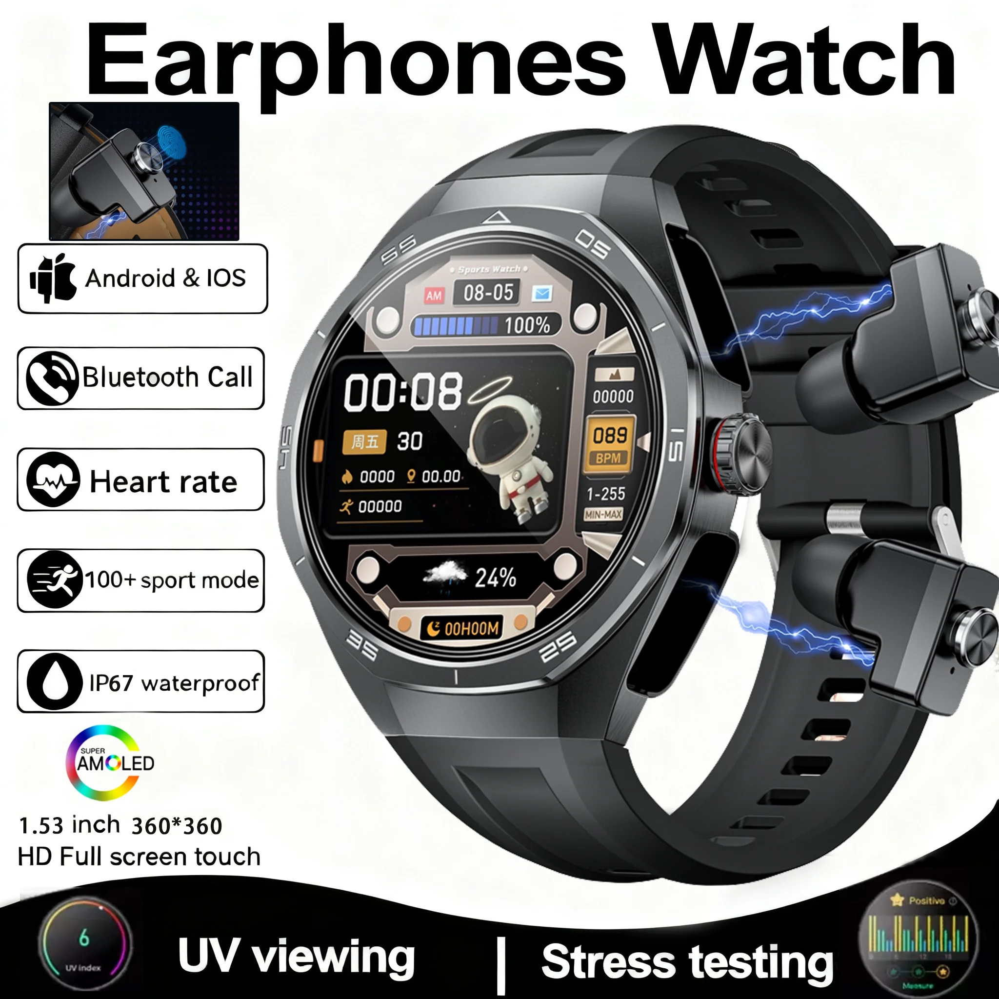 

2026 Smart Watch AMOLED Display With In-Ear Bluetooth Headset Heart Rate Blood Pressure Oxygen Saturation Monitoring HD Audio