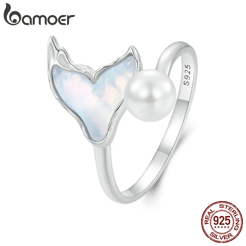 BAMOER White Gold Plated Fishtail Pearl Ring, 925 Sterling Silver Cute Adjustable Rings for Women Girls BSR544-E