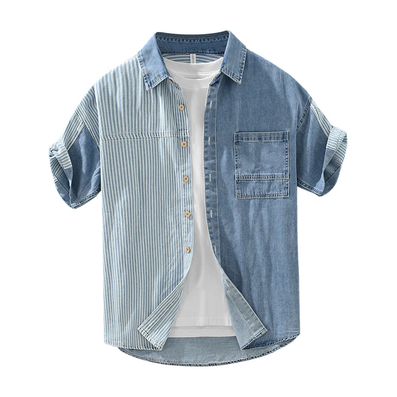 Cotton Casual Denim Shirts for Men Fashion Striped Patchwork Short Sleeve Shirt Man Loose Large Size Button-up Shirt