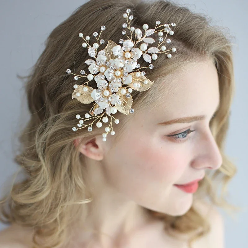 Trendy Flower Wedding Hair Accessories Pearl Rhinestone Hairpin Headdress Handmade Bridal Tiara Jewelry Woman Prom Hair Jewelry