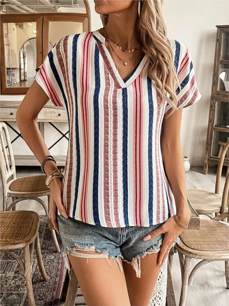 Лето 2022, новые модные свободные блузки в полоску с принтом, топы, женские повседневные топы с v-образным вырезом и короткими рукавами, офисная женская рубашка, топ