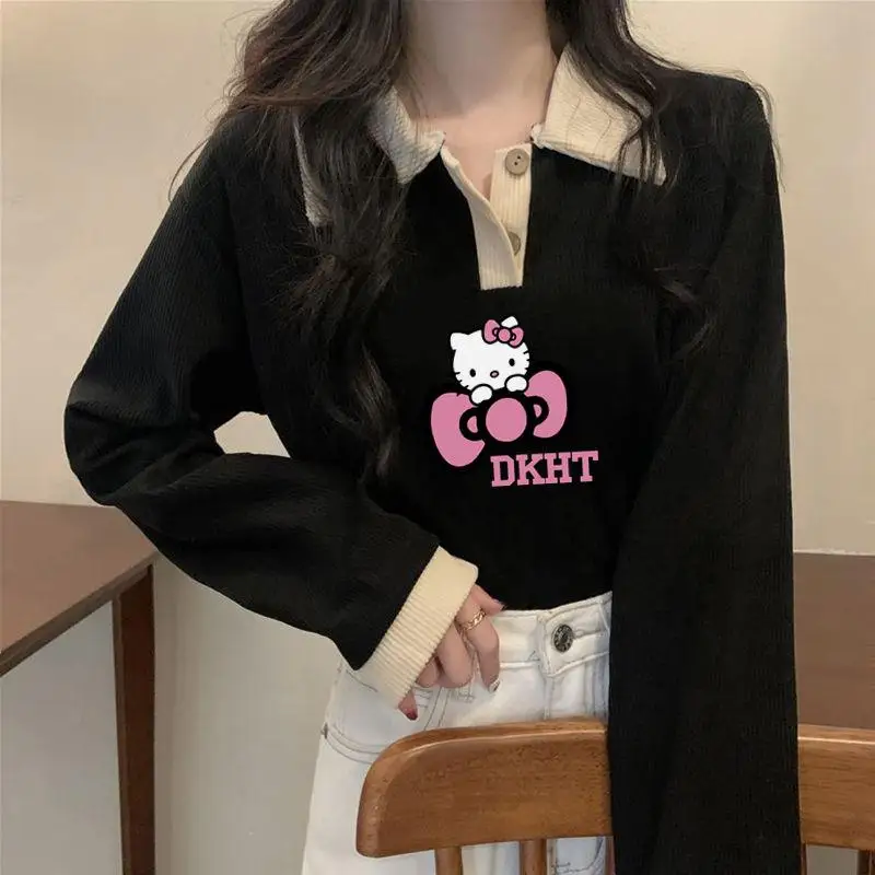 

New Sanrio Cute T Shirt Hello Kitty Anime Jacket Cartoon Autumn Printed Striped Long Sleeved with Casual Kawaii Top Underneath