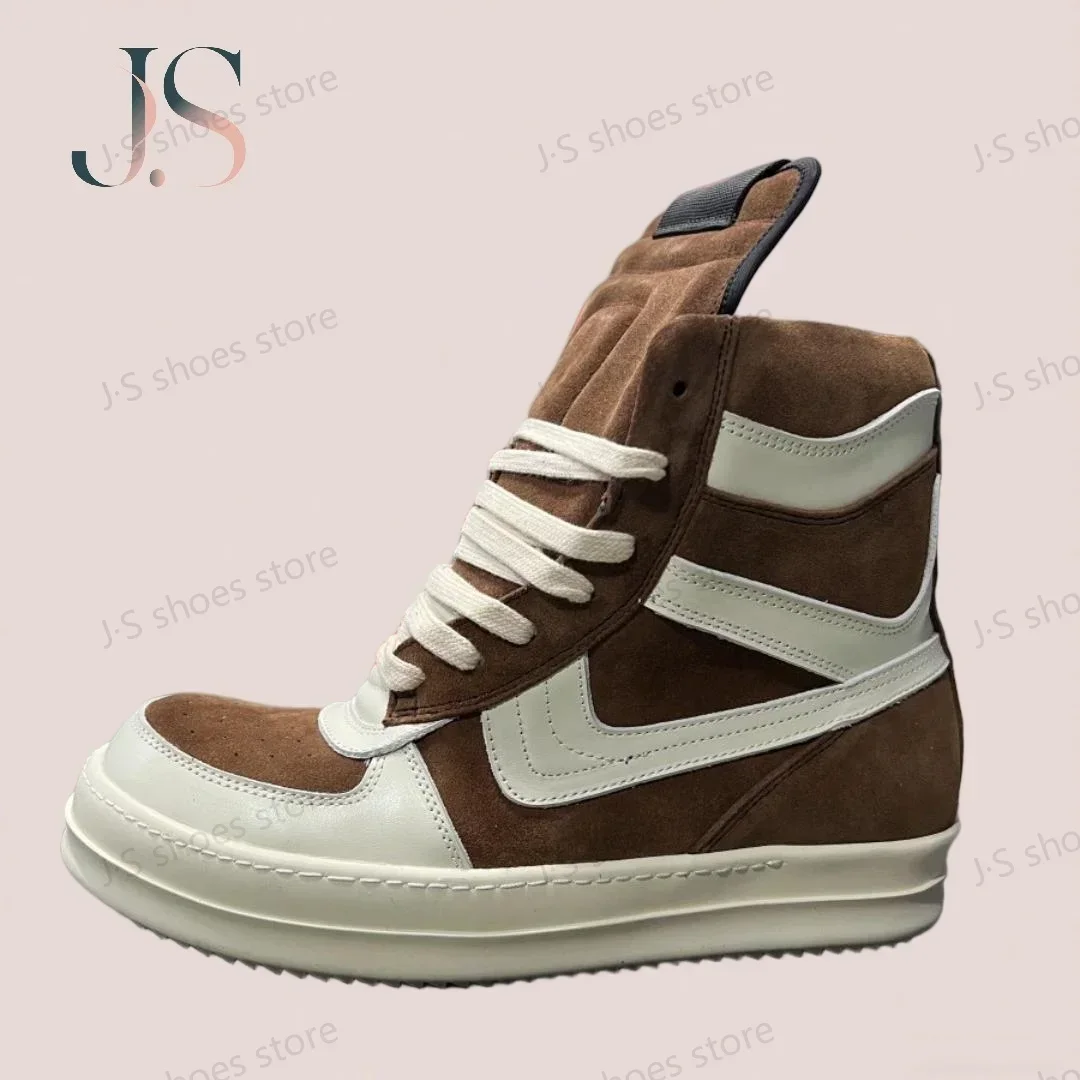 

R-o Classic Design Men Shoe Women High Top Casual Shoes Ankle Boots Caramel Cow Suede White Leather Boot Outside Flat Sneaker