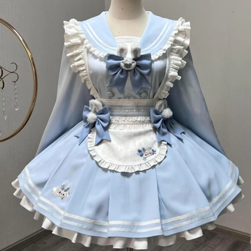 Winter Japanese Lolita Sweet Dress Women Navy Collar Patchwork Chic  Kawaii Dresses New Fashion Harajuku Casual JK Clothing 2024