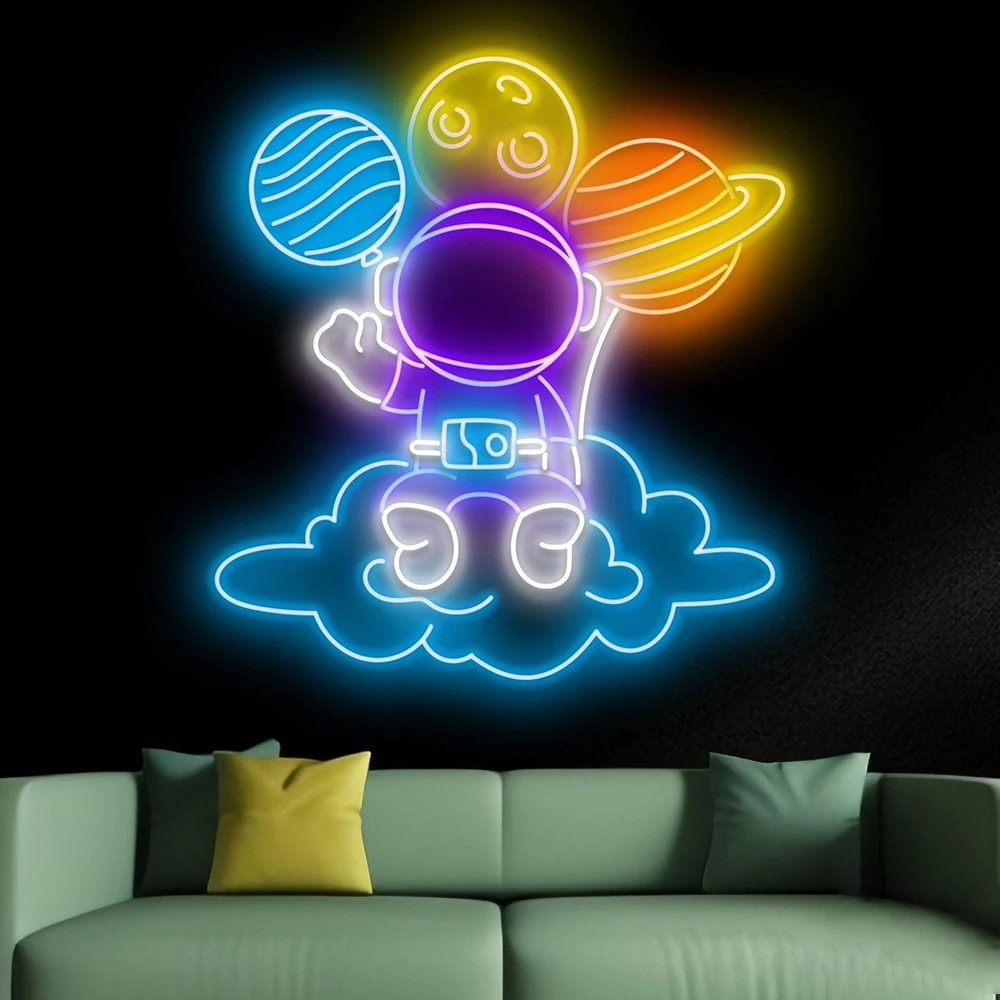 Astronaut Balloon Neon Sign for Kids Room Bedroom Decoration Neon Light Custom Spaceman Wall Art Led Sign Home Wall Decor