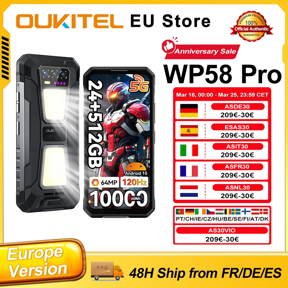 Téléphone robuste OUKITEL WP58 Pro Android 15, 24 Go (8 + 16) de RAM, 512Go Mo de ROM, batterie 10 000 mAh, charge rapide 33 W, écran HD 6,7 pouces 120 Hz, 64 MP, NFC, lampe de camping intégrée