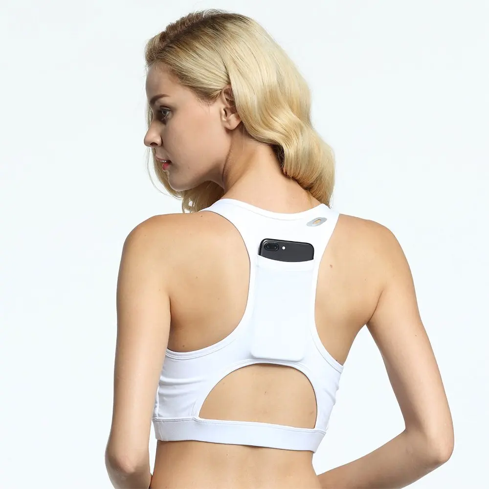 

Solid Color Sports Bra Breathable Back Pocket Mobile Phone Yoga Shockproof Women Fitness Gym Running Bra