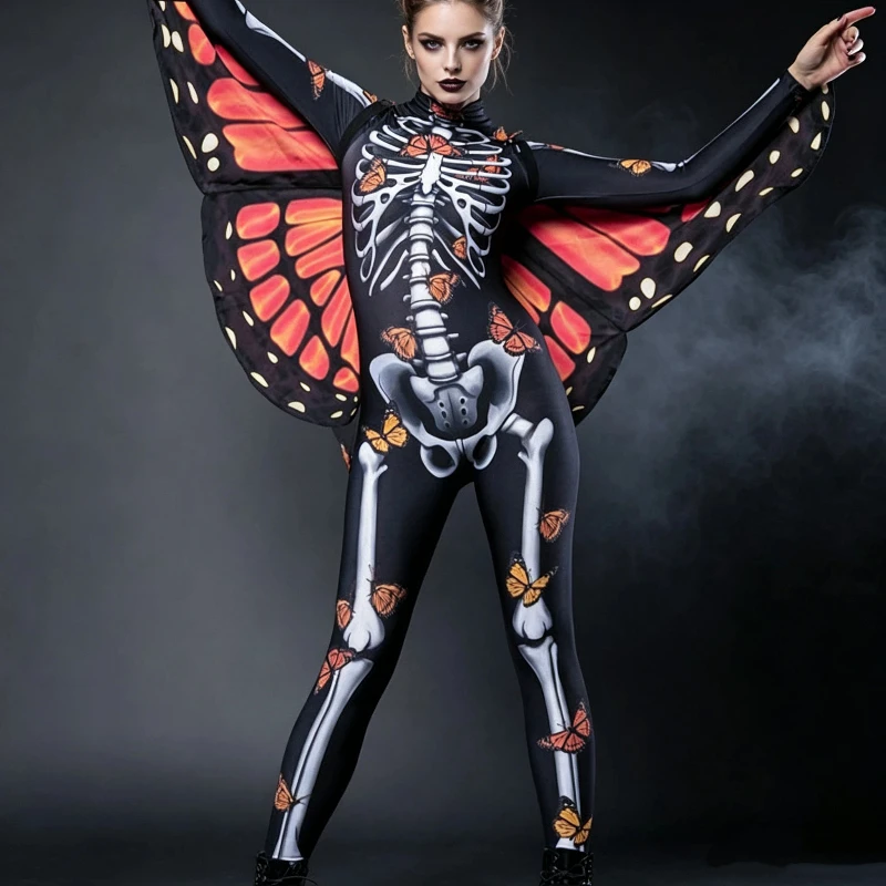Unisex Skelett-Schmetterlings-Druck Jumpsuit Schmetterlingsumhang Familien-Halloween-Cosplay-Kostüm Karnevalsparty Faschingsoutfit