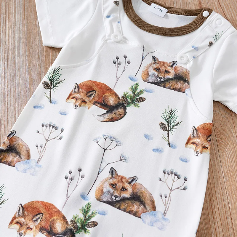 Newborn Clothes 0-18 Snow Fox Full Print Fake Shoulder Strap For Comfortable Boys And Girls Summer Short Sleeved Baby Jumpsuit