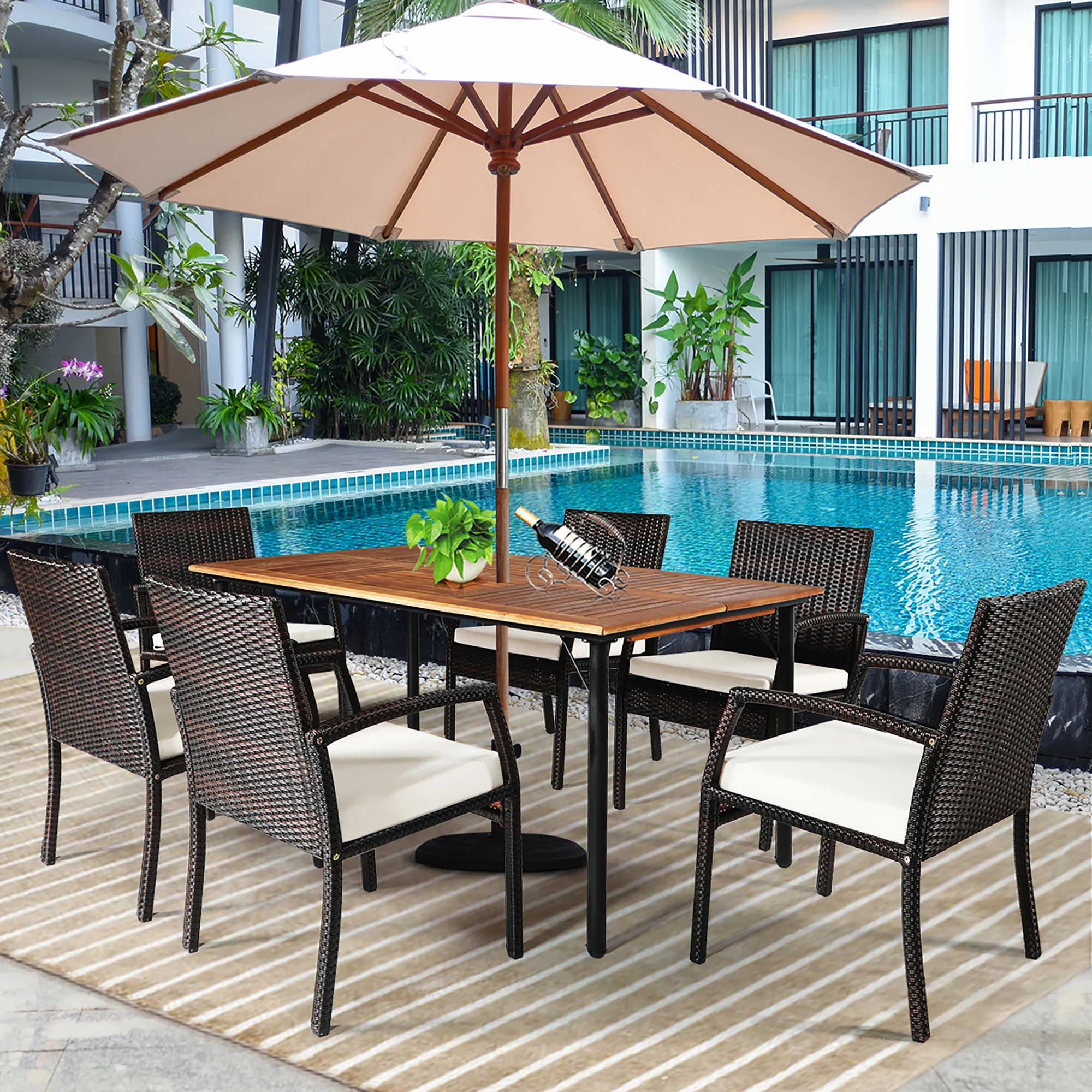 7PCS Patio Rattan Dining Set Chair Wooden Table Top W/Umbrella Hole