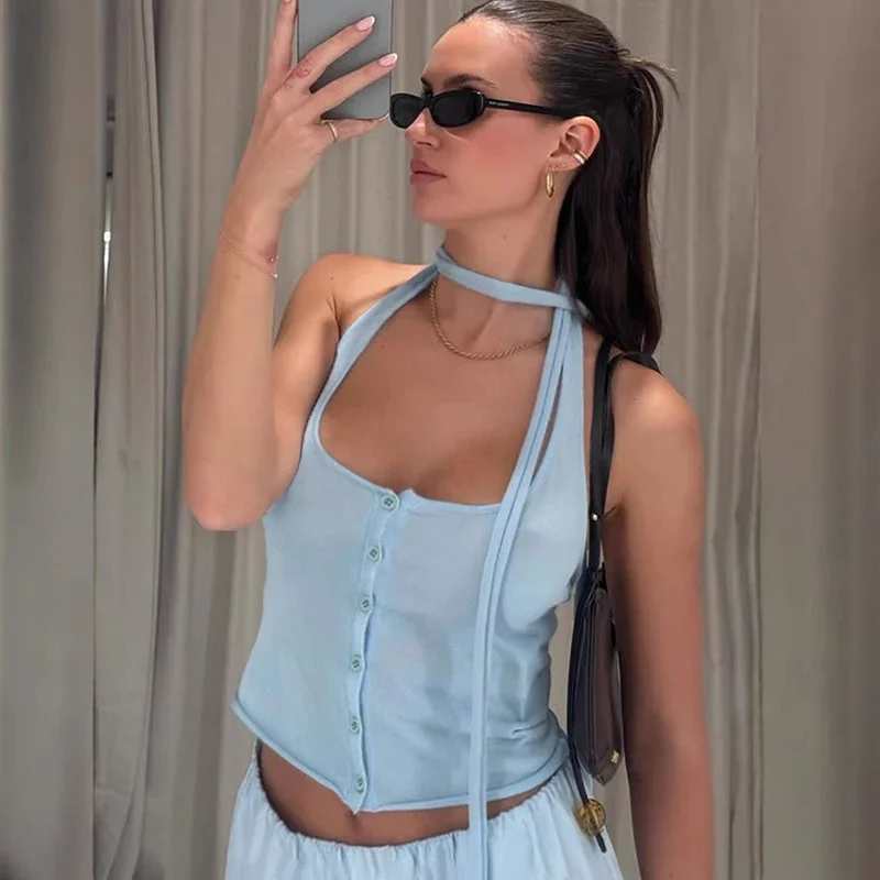 

2025 Halter Knitted Vest Top For Women Ribbon Single Breasted Backless Tanks Slim Summer Thin Hot Girl Plunge T shirt Casual