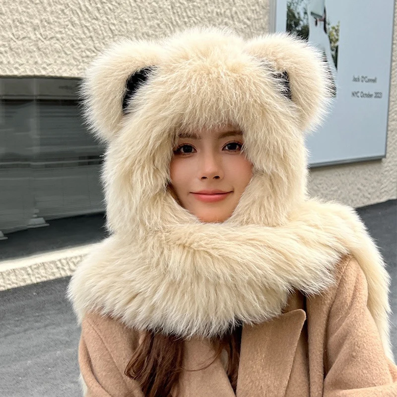 

Fox Fur, Teddy Bear Hat, Scarf, Integrated Fur, Wind and Snow Hat, Women's Winter Warmth, Double-sided Real Fur, Soft and Cute