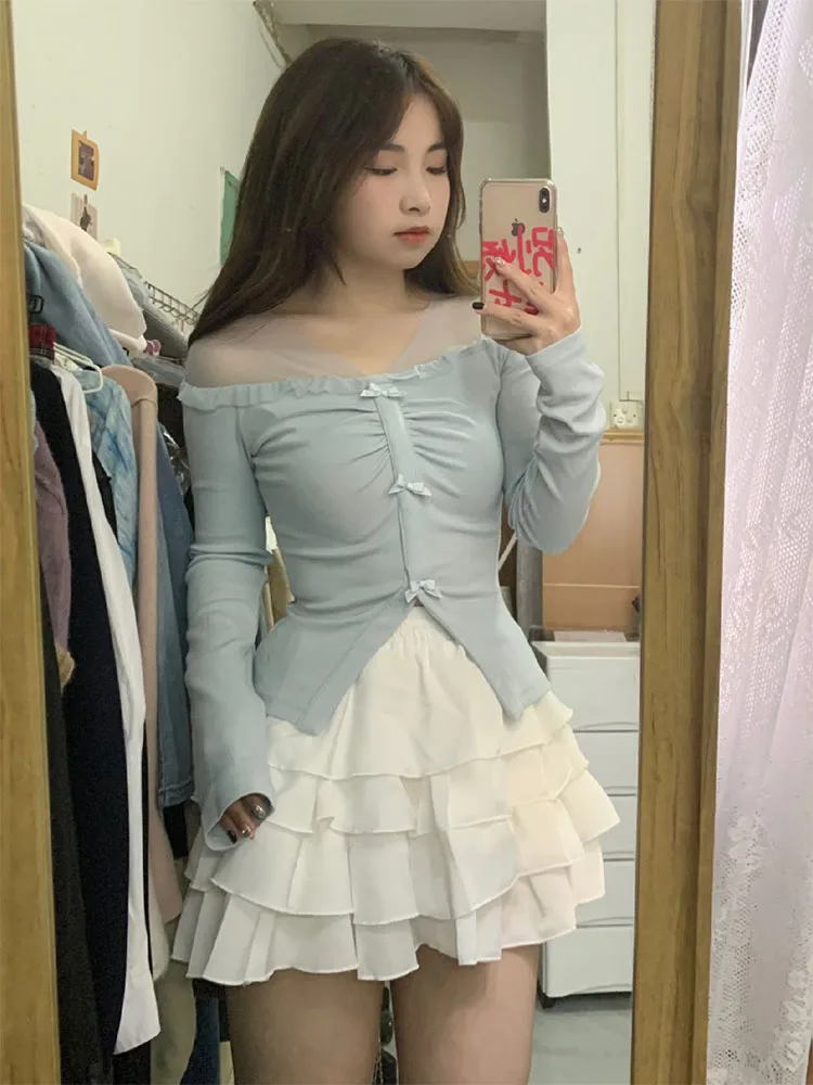 Korean Preppy Style Outfits 2 Piece Skirt Set Women Blue Tops Bow Cozy Sweet + Elastic Waist Ball Gown Coquette 2000s Aesthetic