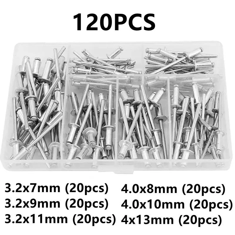 120pcs Aluminum Alloy Blind Rivets Set Pop Rivets Assortment Kit Furniture Assortment Dome Head Blind Rivet Nut Tools M3.2 M4