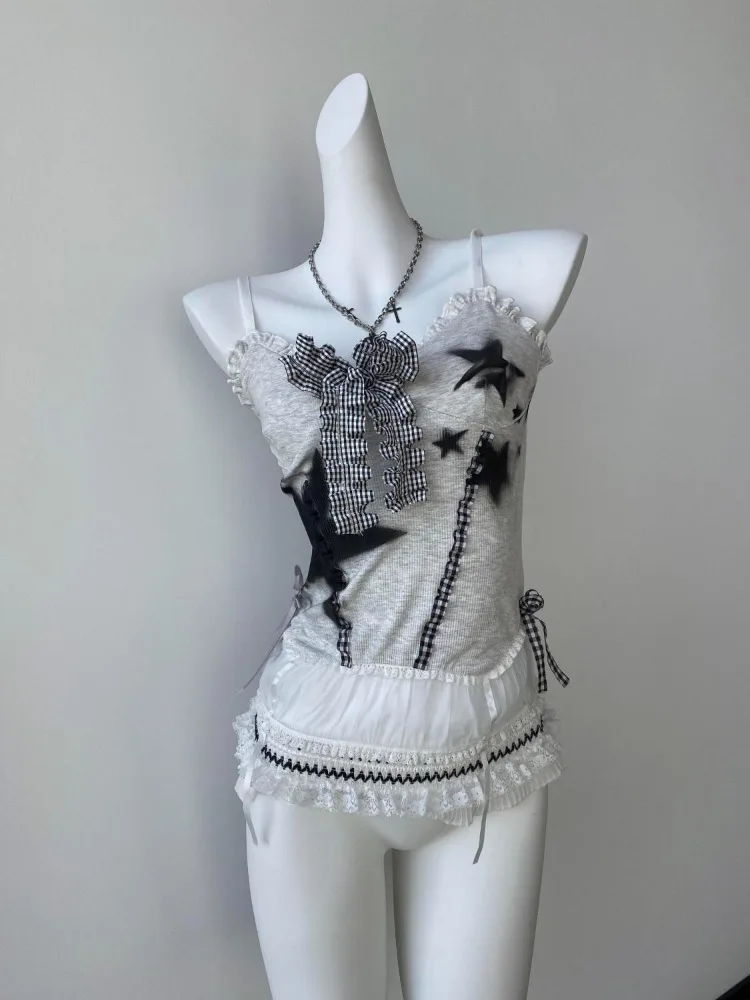 

Y2K American Style Hot Girl Vintage Tops Shibuya Black Star Graffiti Vest Lace Patchwork Plaid Bow Camisole Tops Women Fashion