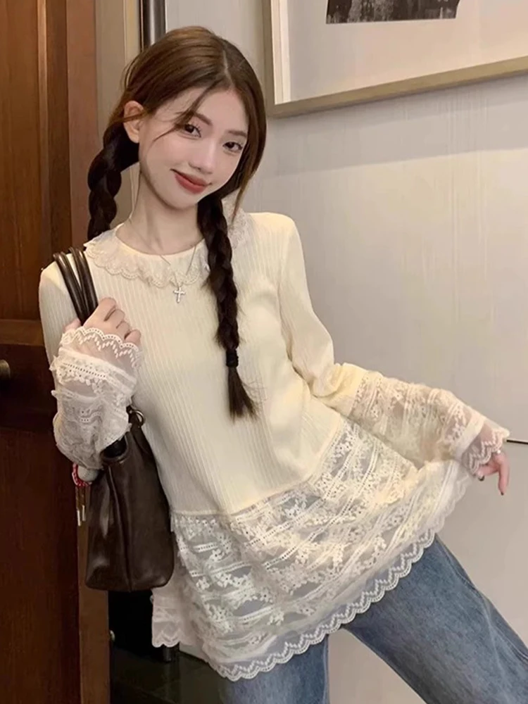 Lace Base Layer Shirt Women's Long Sleeve Inner Wear Outer Wear Fashion Design Splicing T-Shirt Bottom up Top for Autumn Winter