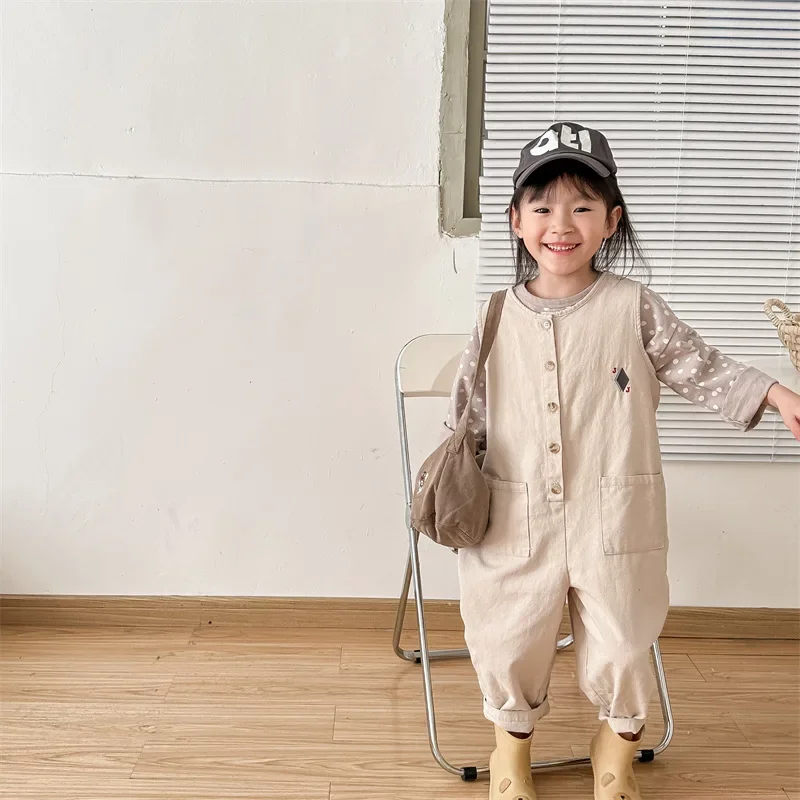 

Kid Jumpsuit 2023 Childrens Autumn New Childrens Korean Style Washed Cotton Suspenders Pants for Boys and Girls Fashion Jumpsuit