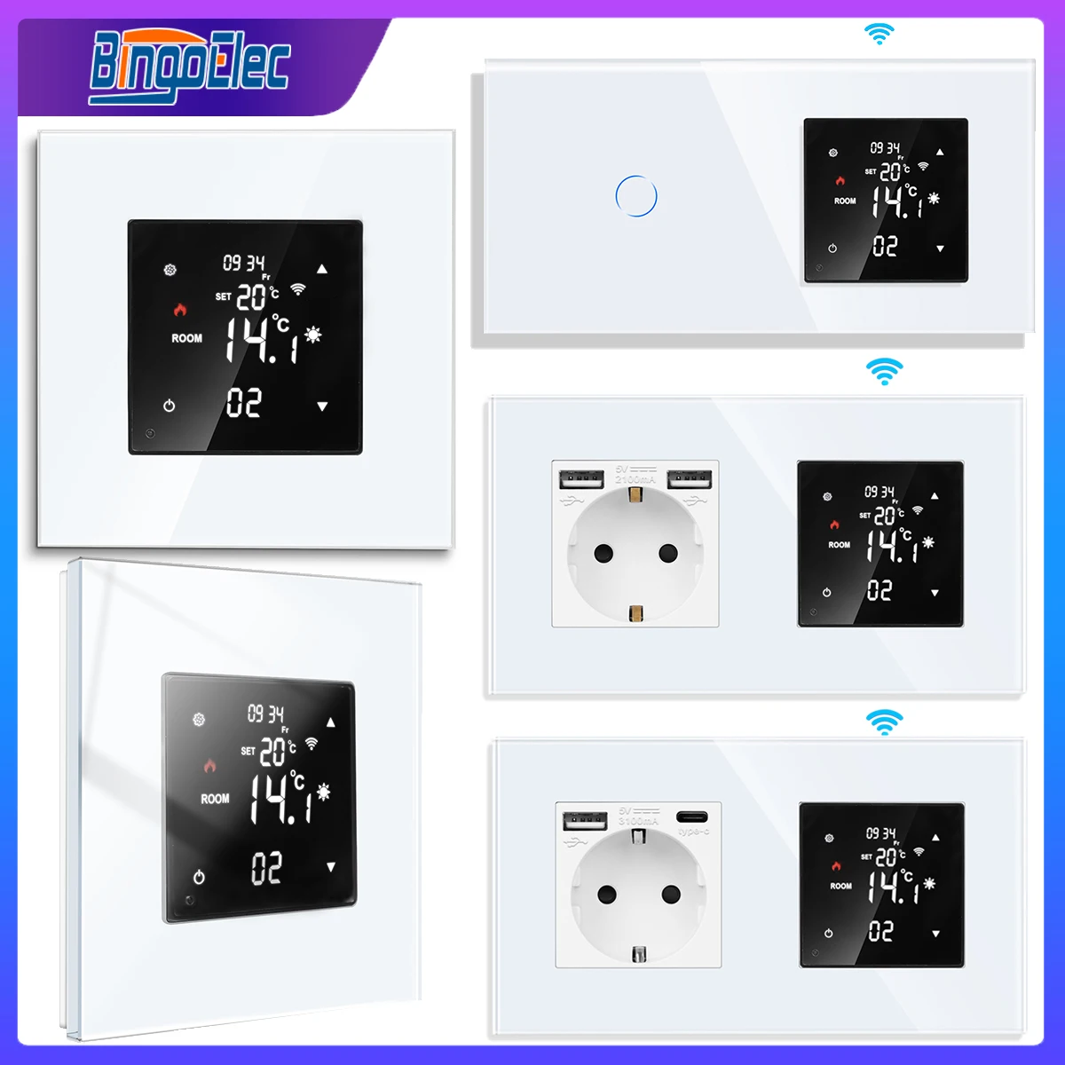 

Bingoelec TUYA WiFi Thermostat with USB Socket,1/2/3gang Touch Switches Smart LCD Touchscreen Thermostat for Home Floor Heating