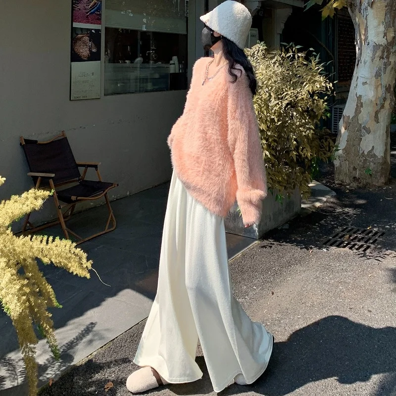 American Style High Waist Knitted Wide Leg Pants Women's Loose Lazy Soft Wool High Waist Floor Length Trouser Skirt