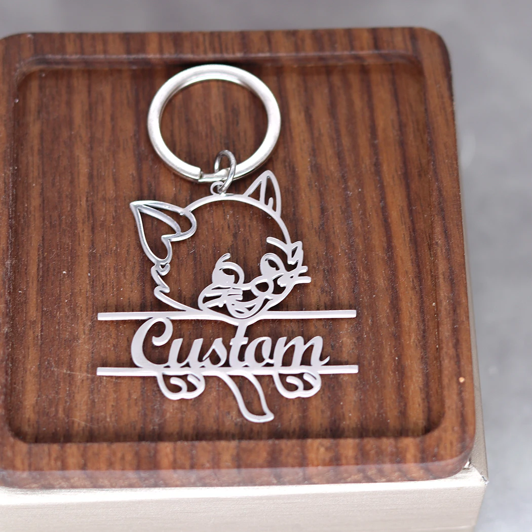 

Stainless Steel Custom Name Lovely Cat Keychain For Women Keyring Customized Animal Key Ring Trendy Jewelry Birthday Gift
