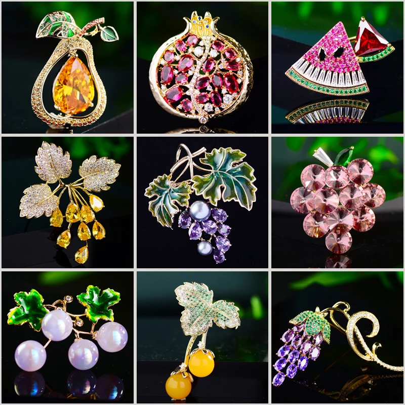 Lovely Fruit Brooches for Women Luxury Design Pomegranate Grape Persimmon Pear Watermelon Pin Clothing Accessories Zircon Broche