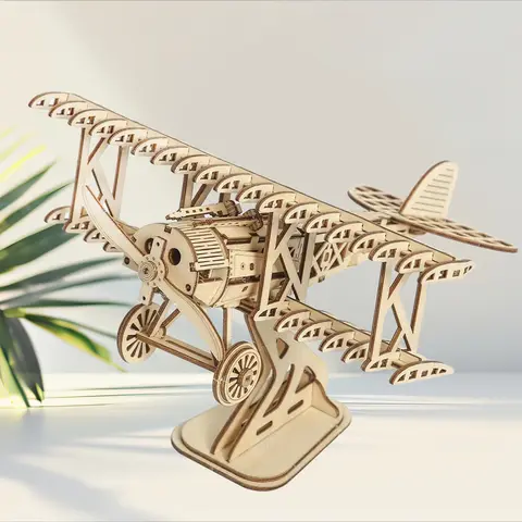 3D Wooden Puzzle Aircraft Model Kit DIY Assembly Bi-Plane Building Kits Home Decor Crafts Gift for Adults Kids Teen