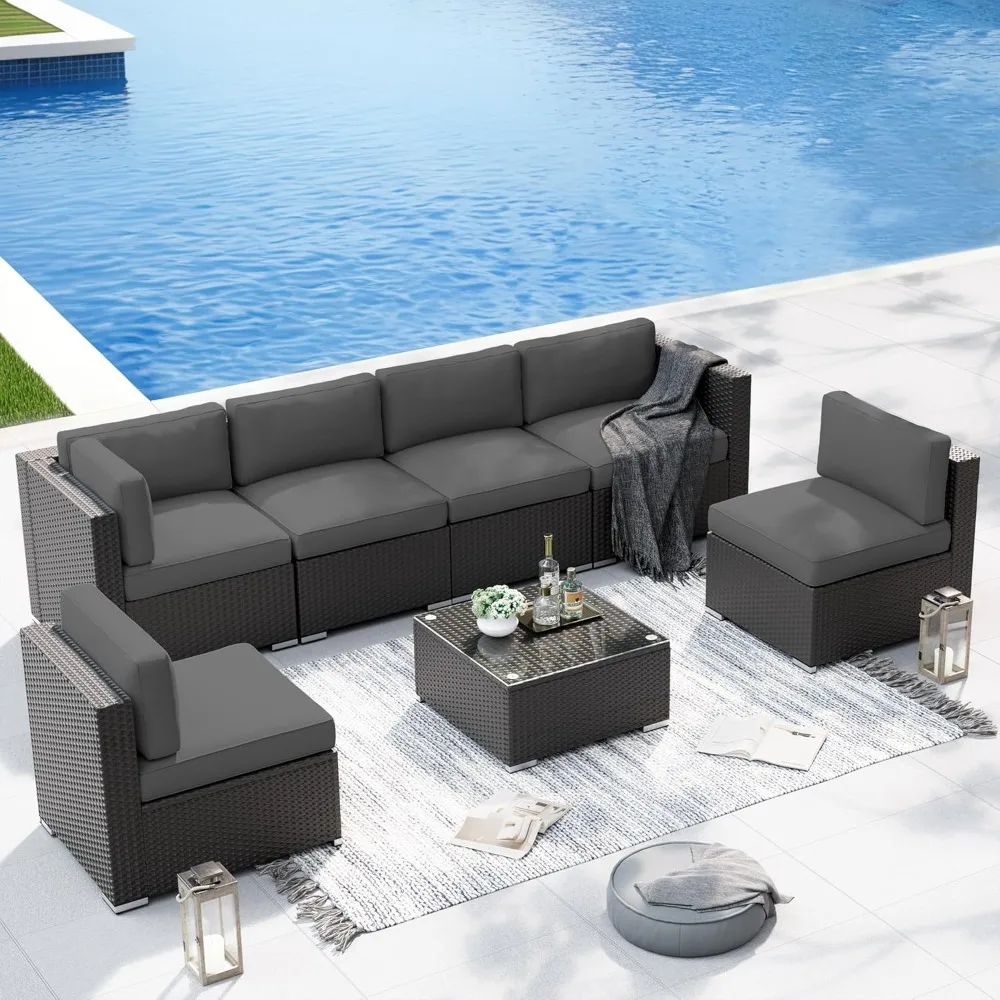 

7 Pieces Outdoor Patio Furniture Set, Black Brown Wicker Patio Sectional Sofa Set, Outdoor Couch with Grey Cushion and Tempered
