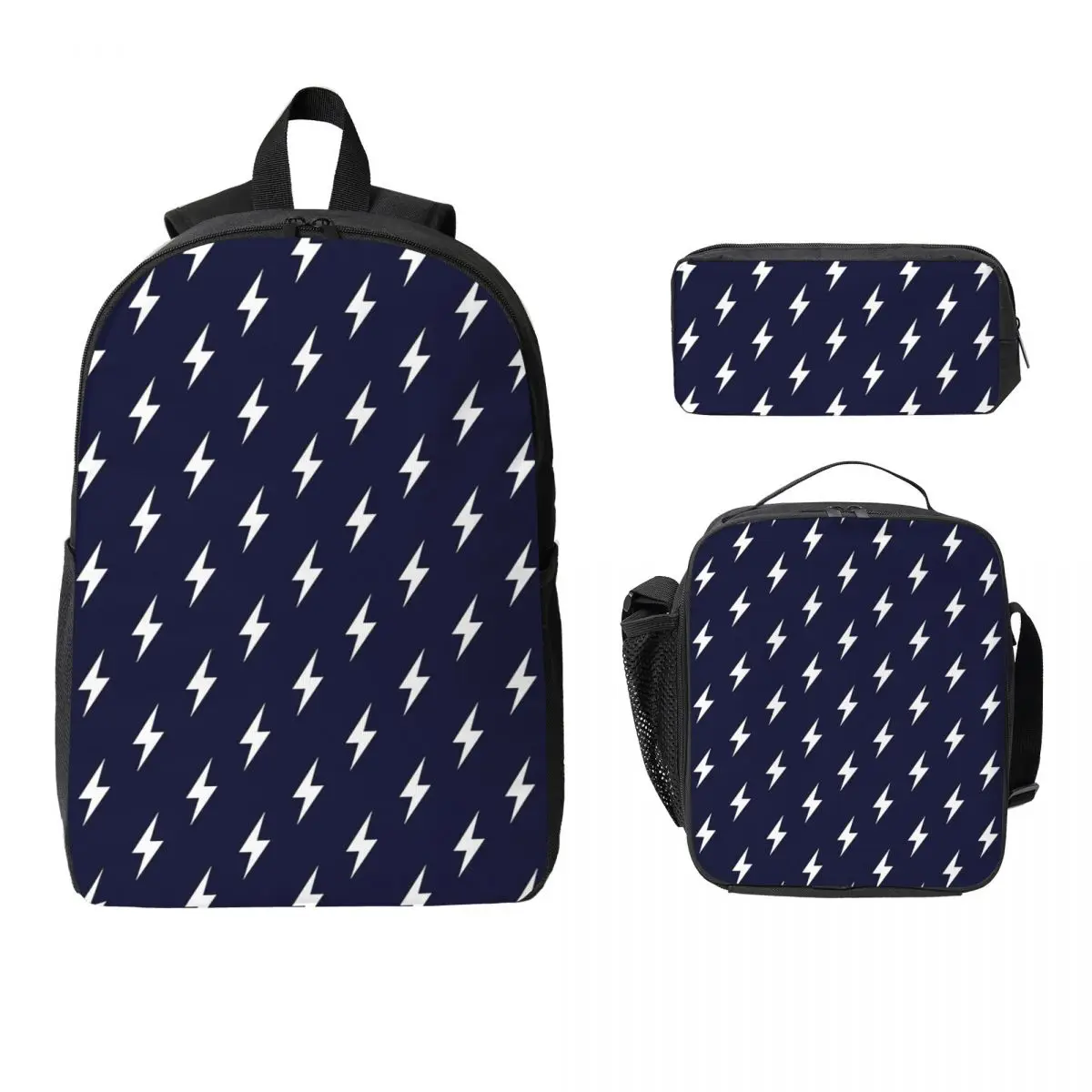 Lightning Bolts White On Navy Blue Backpack Boy Girl BookBag School Bag Laptop Shoulder Bags 3ps Insulated Lunch Bag Pencil Case